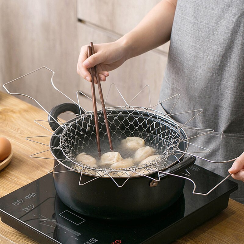 Plegable de enjuague de tensión de acero inoxidable plegable freír cesta tamiz colador de malla colador cocina accesorios de utensilios para cocina