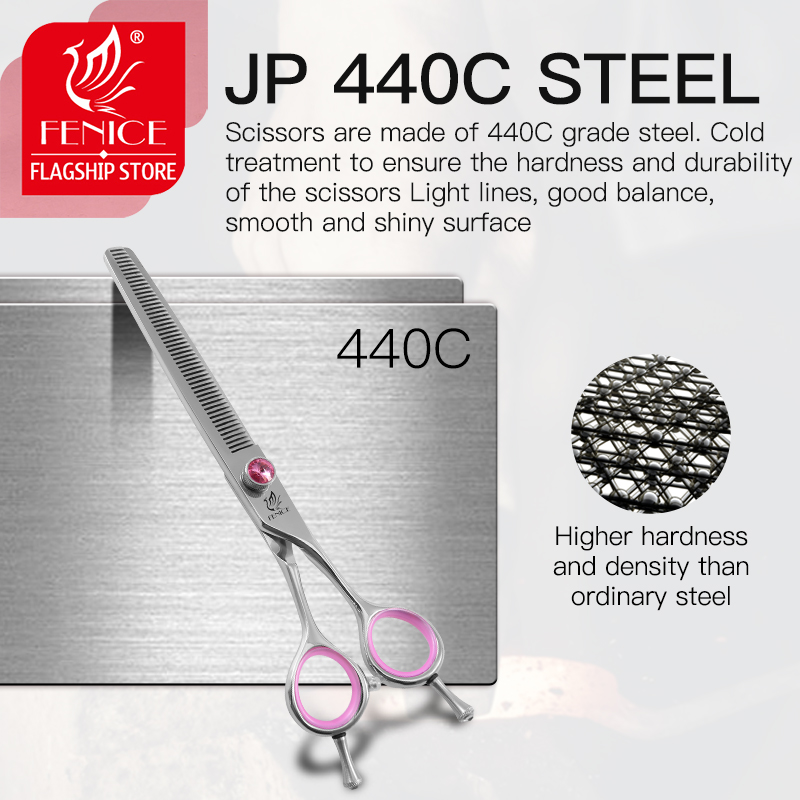 Fenice japan 440c rustfrit stål 6.5/7.0/7.5 tommer kæledyrshund pink pleje udtynding saks udtynding rate 35%