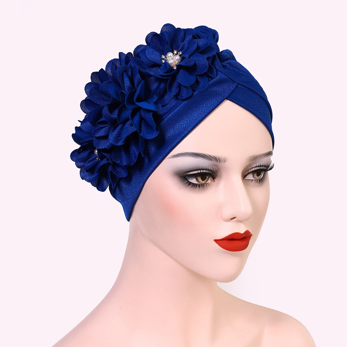 Turbante africano de flores y plumas para Mujer, gorro de , pañuelo musulmán para la cabeza, gorros para de boda, Turbante Autogele para Mujer: Azul