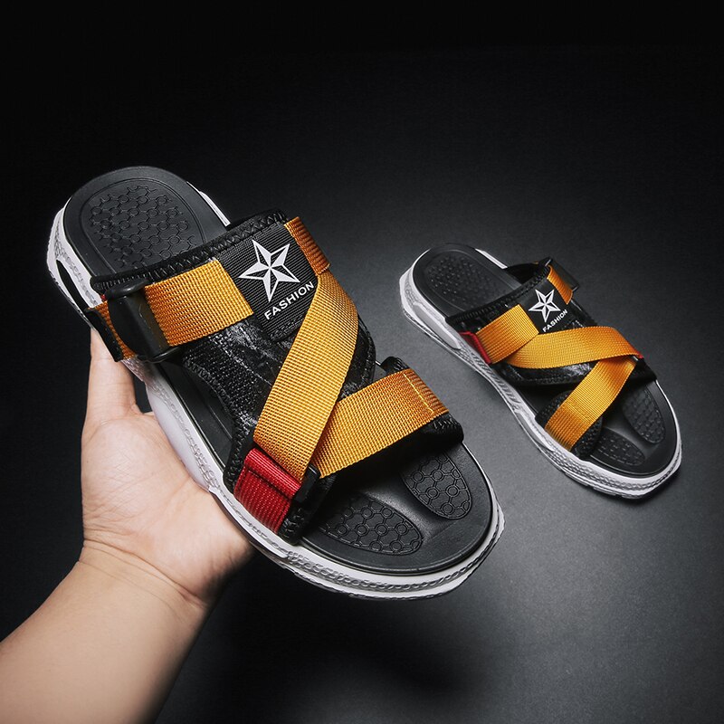 Cyytl sommar för män friluftssandaler sömmar mjuka och bekväma flip flops andas avslappnade lätta tofflor: Svart gul  j10 / 43