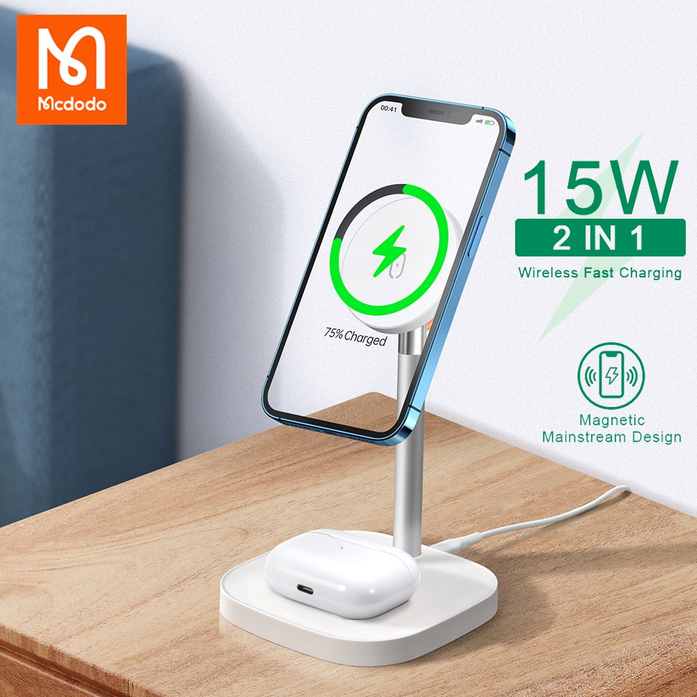 Mcdodo 2 in magnetisches kabelloses desktop-ladegerät für iphone 13, 12 pro max 1 airpods, headset und smartphone 15w schnellladefunktion