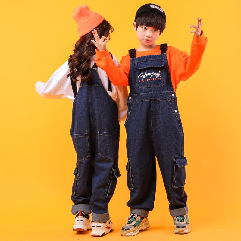 Peto vaquero de Hip Hop para niños y niñas, pantalones Cargo, Mono Grande, ropa holgada, disfraz de para adolescentes