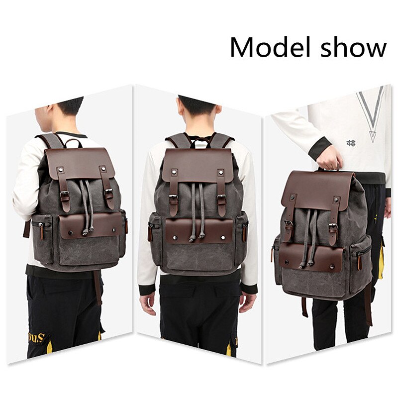 Canvas-rucksack für herren, großes fassungsvermögen, geeignet für laptops bis 17 zoll, kordelzug, lederhülle, reiserucksack, schulrucksack