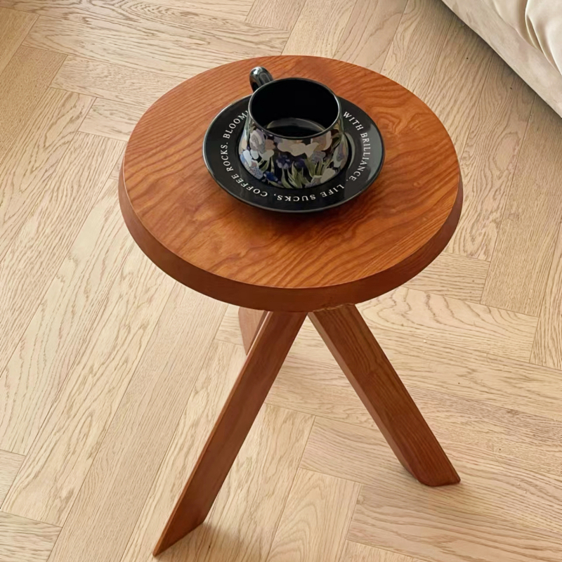 Mesa auxiliar de sofá de madera de fresno, mesa esquinera Wabi-Sabi, taburete redondo Vintage para sala de estar, estante de almacenamiento resistente