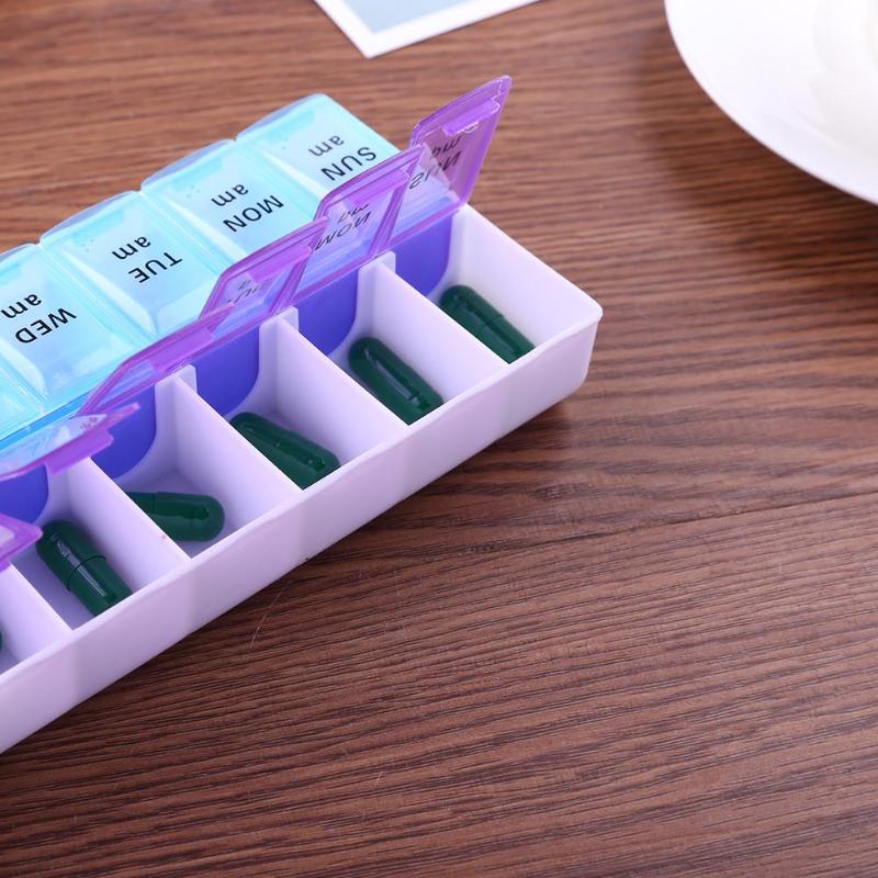 14 galler per vecka pillerfodral 7 dagar medicinask tablett dispenser organisatör piller box splitters plastförvaringsbox med klämlock