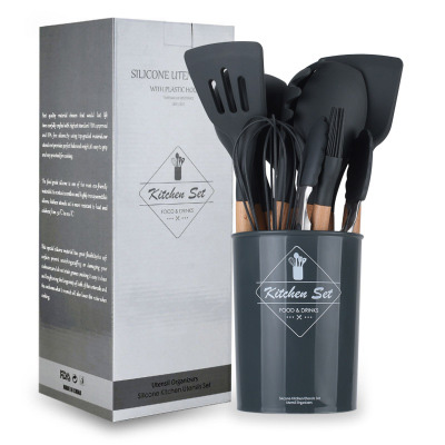 Kitchen Utensils Cooking utensils Wood Handle Silica Gel Kitchenware 11 Piece Set 9 Piece Set Kitchen Tool Scoop Set: Black-16