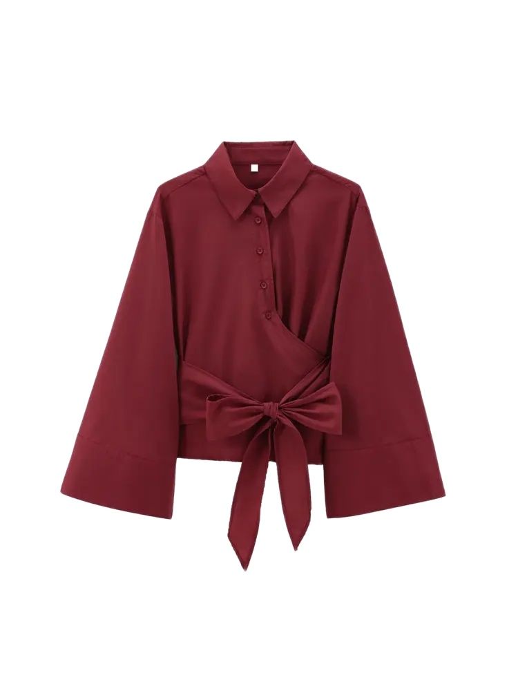 TRZA-Women's Long Sleeve Kimono Blouses With Bow Tie, Front Button, Female Shirts, Chic Tops,