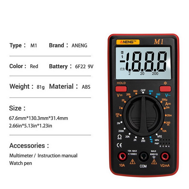 ZT100 ZT102 Ture RMS Digital Multimeter AC/DC Voltage Current Temperature Ohm Frequency Diode Resistance Capacitance Tester: M1 Red