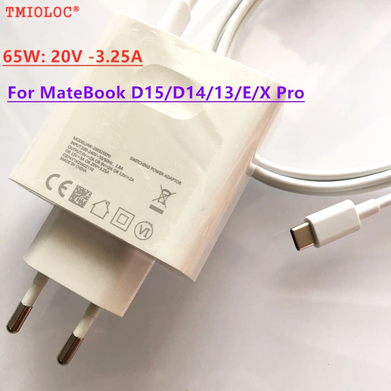 65W 20v 3.25A adattatore per caricabatterie da viaggio per Huawei Matebook D15 D14 13 E X Pro MagicBook 15 14 Pro tipo C cavo di ricarica