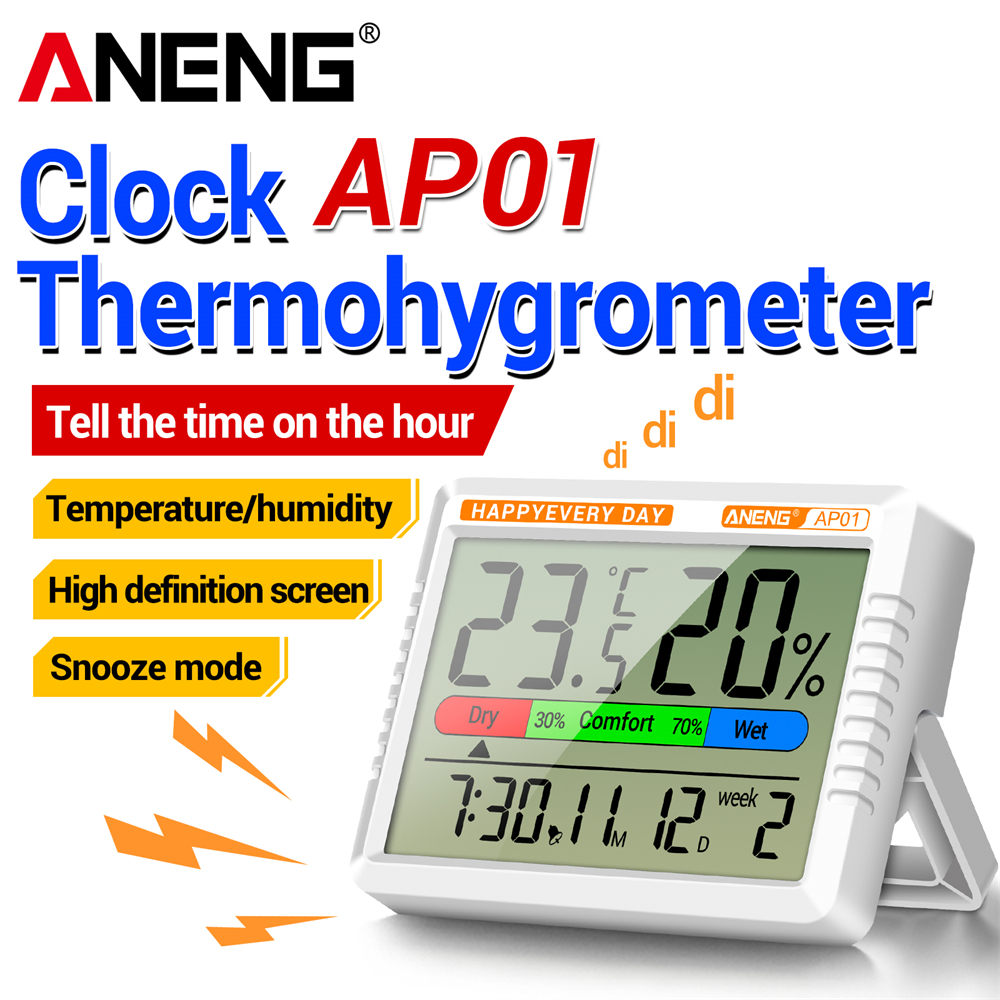 ANENG AP01 LCD Digital Thermometer Hygrometer Indoor Room Temperature Humidity Meter Alarm Clock Weather Station For Home