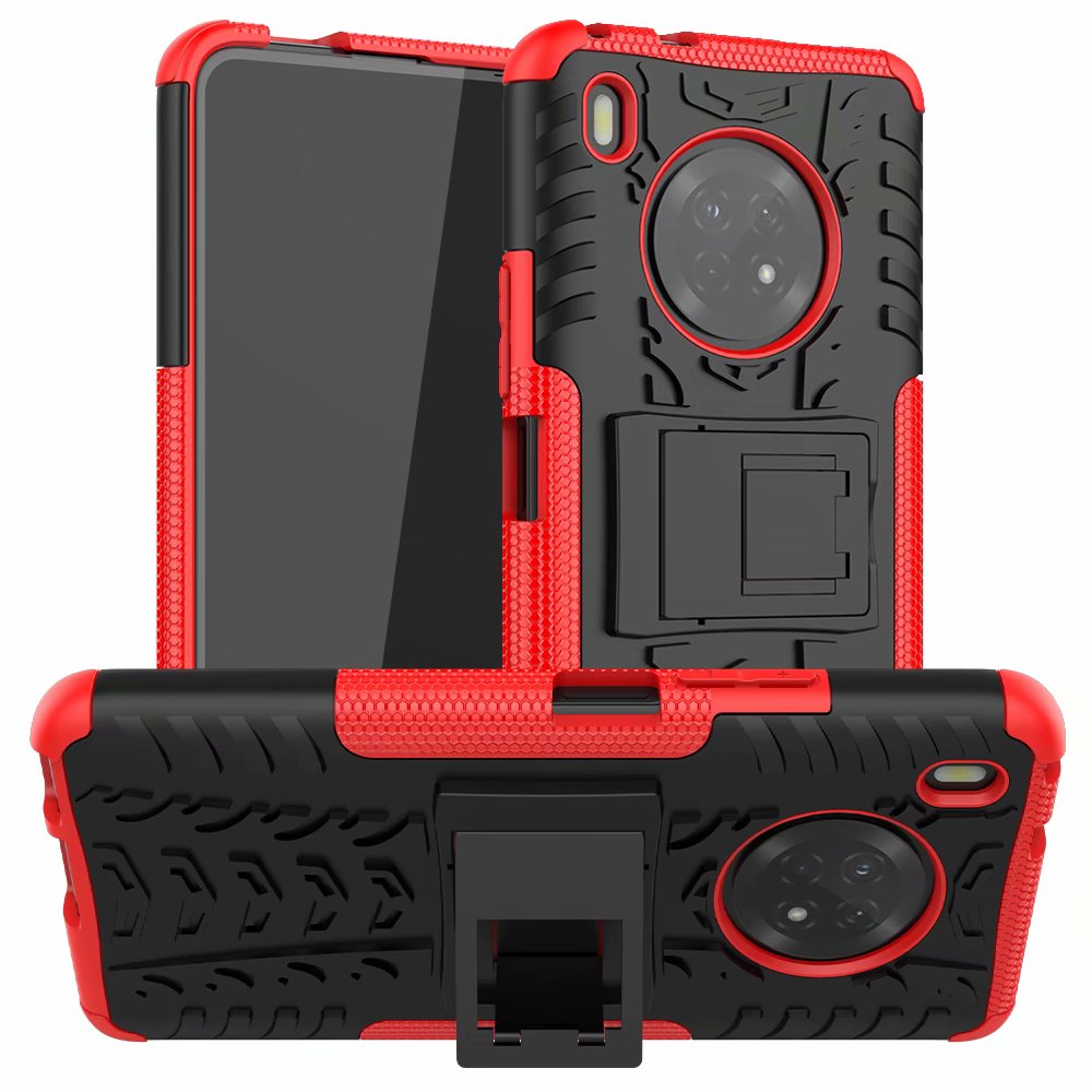 For Huawei Y9a Hard Case + Tempered Glass Hybrid Armor Soft Heavy Duty Stand Protection Enjoy 20 Plus 5G Silicon Cover: Red / Case and Tem glass