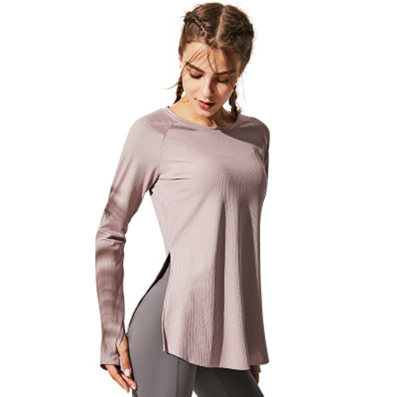 Abiti da yoga allentati per camicia sportiva da fitness camicetta da donna o-collo allenamento da corsa manica lunga femme gym top con fori per il pollice