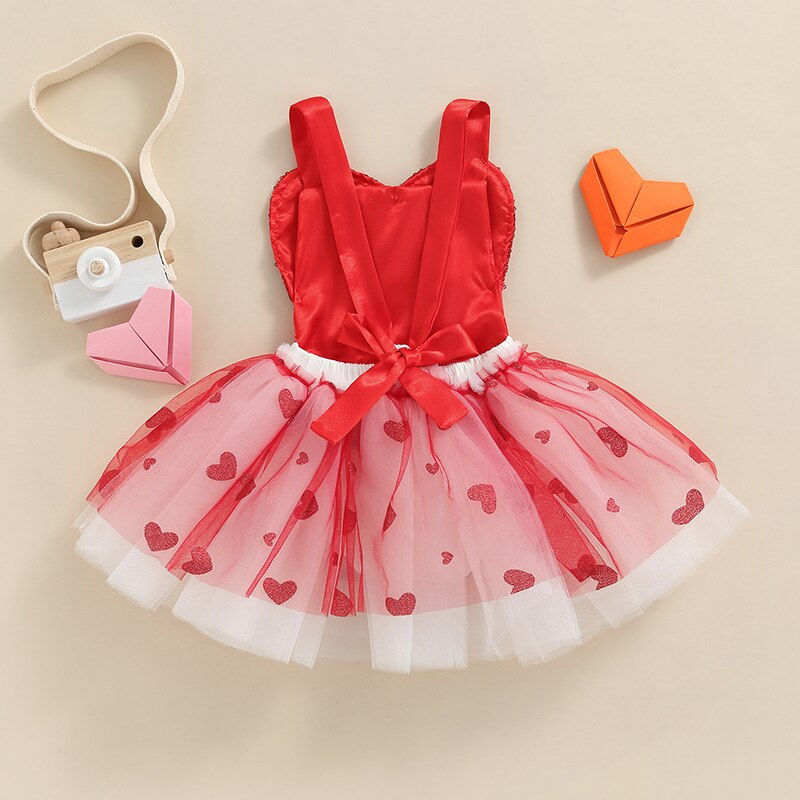 Infant Baby Girls Valentine's Day Romper Dress Suspender Sequin Love-Heart Open Back Bodysuit with Layered Tutu Mesh Skirt