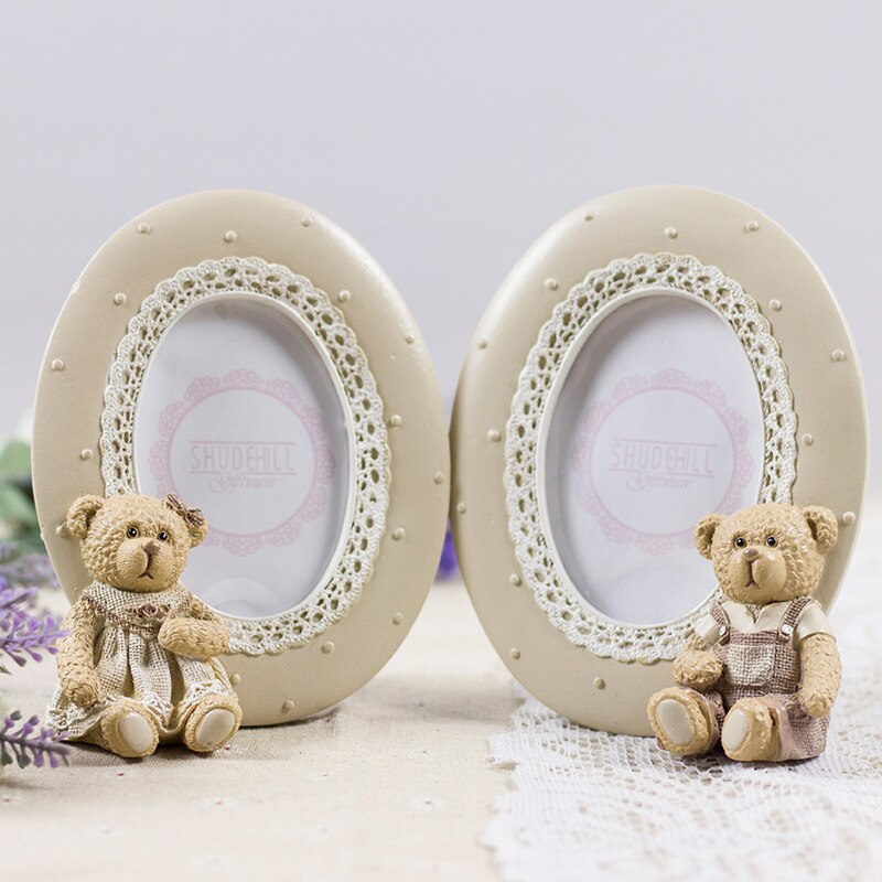 European Cute Teddy Tear With Lace Border Oval Square Shape 2x2 2.5x3.5 Pink Blue Resin Tabletop Baby Picture Photo Frame
