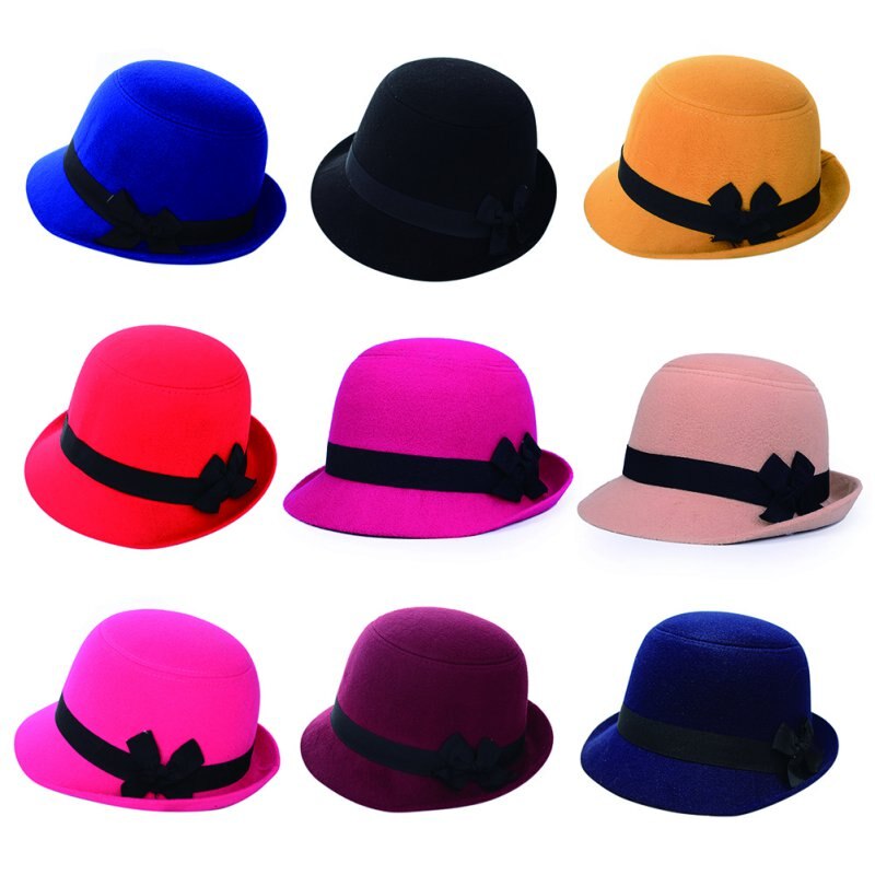 Women Girl Retro Bowknot Beach Felt Wool Fedora Hats Bowler Derby Baseball Caps ZM14s