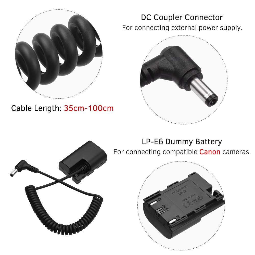 Andoer LP-E6 Dummy Camera Batterij DC Coupler Connector Lente Kabel Batterij Vervanging voor Canon 5D2 5D3 5D4 6D 6D2 60D 7D