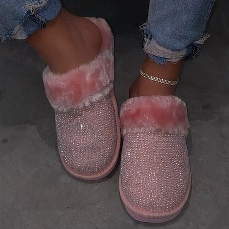 Winter Bling Bont Slippers Vrouwen Warm Meisjes Huis Slippers Slaapkamer Schoenen Kristal Indoor Zapatilla Mujer