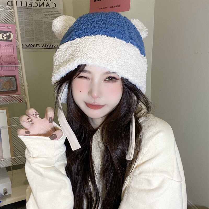 Sombreros de mujer adecuados para cara redonda de felpa, protección para las orejas, orejas de oso, otoño e invierno, sombrero cálido, gorra de bombardero japonesa