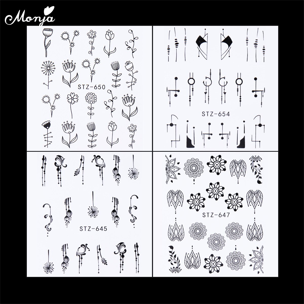 Monja 24 Pcs Nail Art Black Dream Catcher Bloem Afbeelding Gemengde Stijl Water Transfer Stickers Watermerk Decals Tips Diy Decoraties