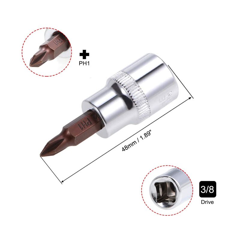 5 Pcs 3/8" Drive x PH1 PH2 PH3 Phillips Bit Socket, Standard Metric, S2 and Cr-V Steel: 50LxPH1 5pcs