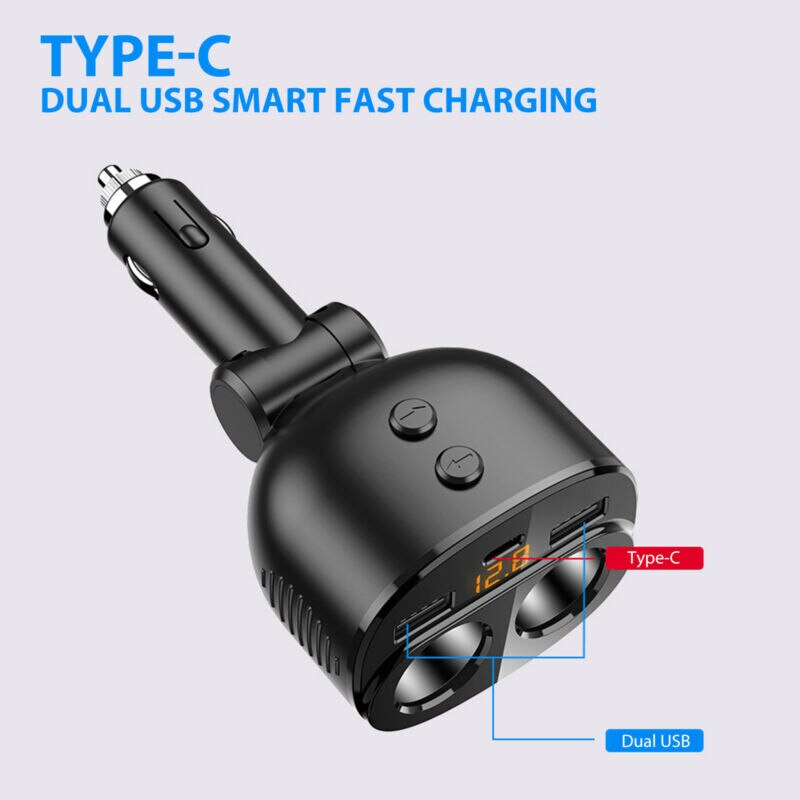 2 Way Car Cigar Lighter Socket Splitter Dual USB + Type-C 12V Power Adapter Made Of Material