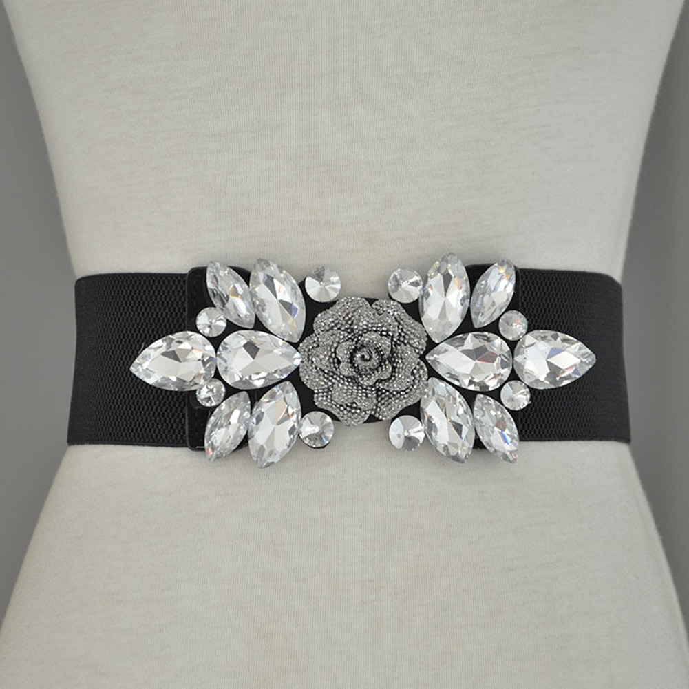 Bryllupsfest kvinner floral spenne rhinestone elastisk bredt clinch belte