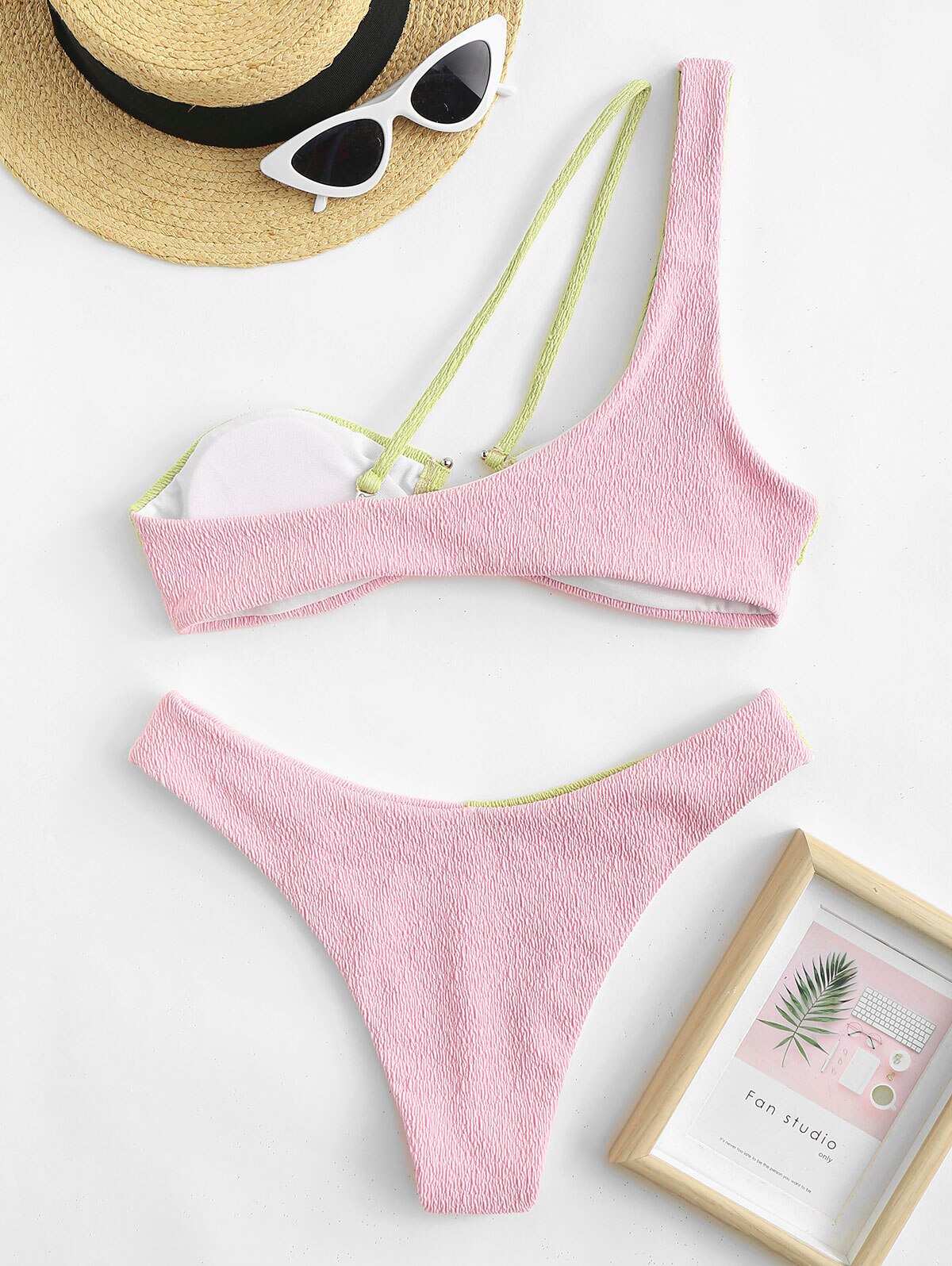Zaful-Bikini de dos piezas para mujer, traje de baño de dos piezas con textura y un hombro, Bikini Bicolor, ropa de playa