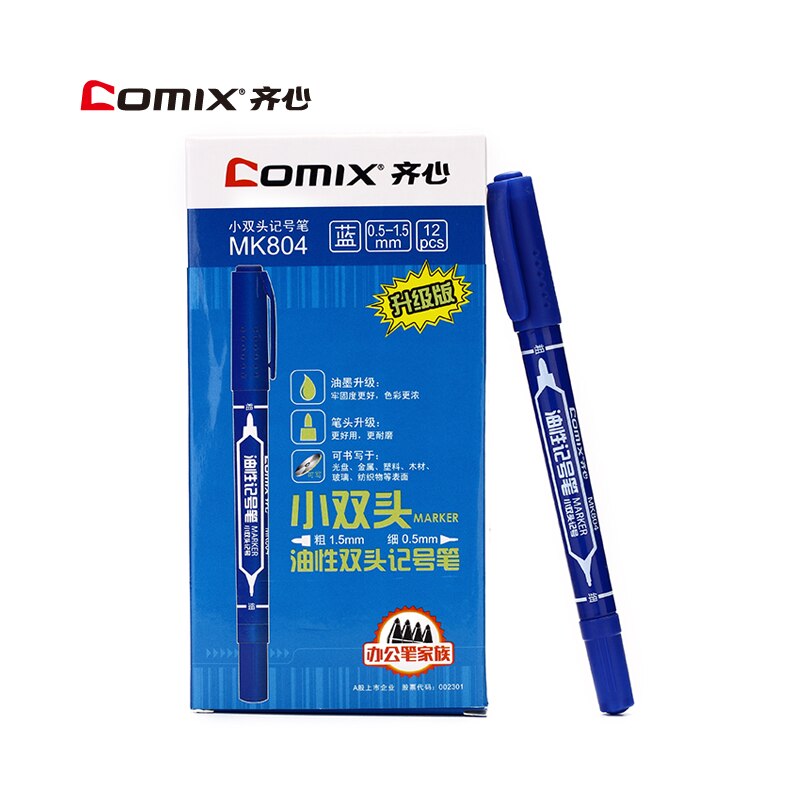 12 Stuks Comix MK804 Kleine Dubbele Headed Vette Mark Pen Permanente Inkt Zwart Rood Blauw: Blauw