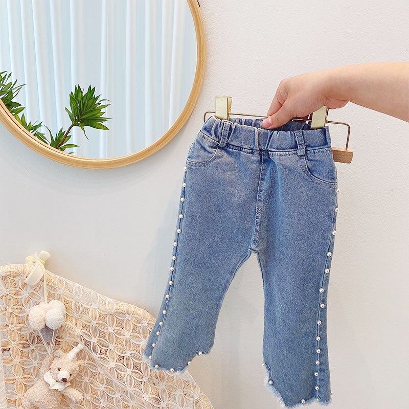 Children Kids Denim Jeans Faux Pearls Beading Full Length Trousers Girls Casual Flare Boot Cut Pants