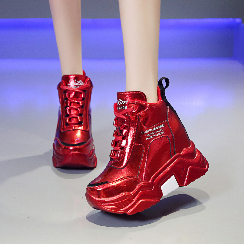 Højbund kvinder støvler sne varme vinter sneakers pu metal sølv støvler botas damer højde stigende 10cm platform støvler mujer