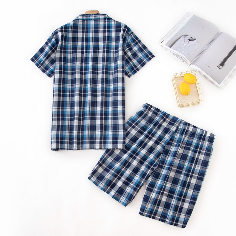 Verão masculino 100% algodão pijamas conjuntos de pijama de xadrez casual masculino terno de gola redonda manga curta cardigan camisa &amp; meia calças