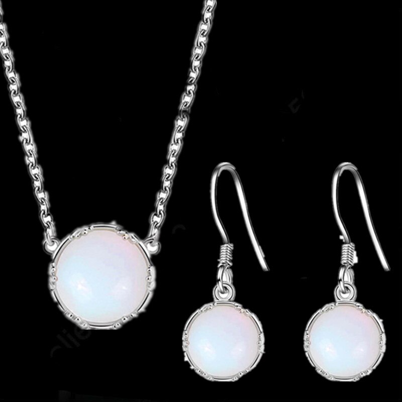 Girl Noble Jewelry Sets Wedding Silver Color Earrings Blue gradient moonstone Jewelry Set Women Necklace Bijoux collier brincos: necklace  Earrings