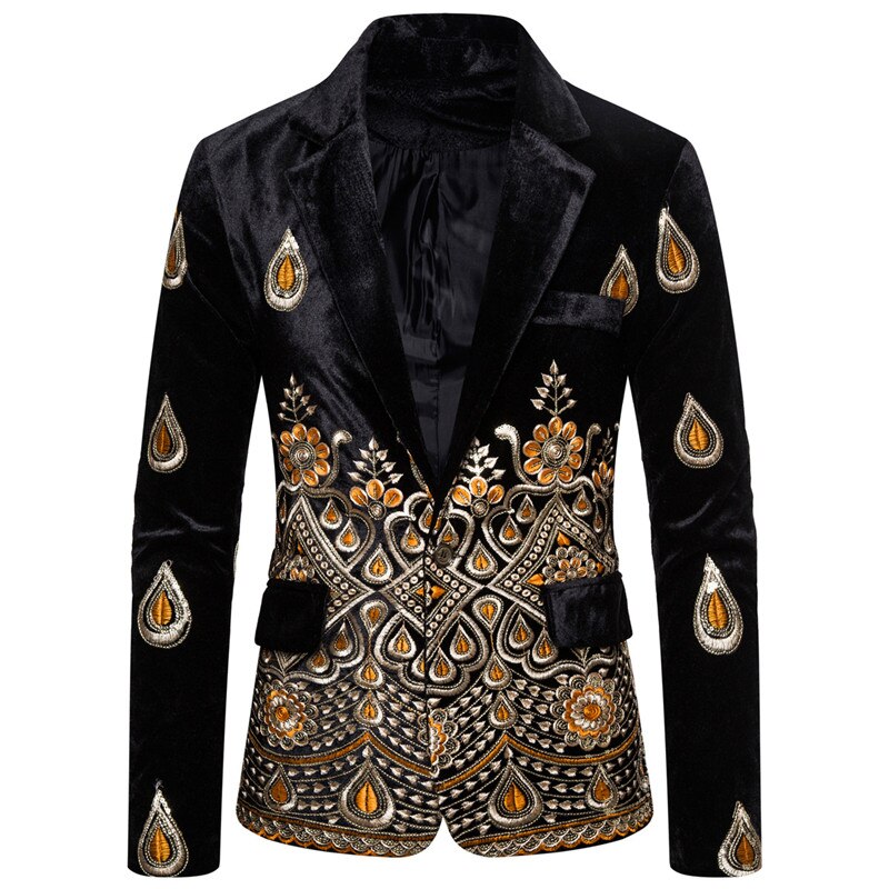 Blommiga broderade män bröllopskostymer sammetsblazers festsmoking formell brudgum slim fit kostym sångare scenjackor