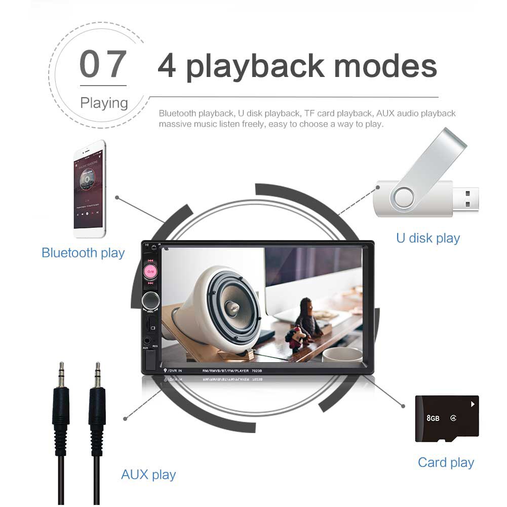 Touch Screen Head Unit 7 inch with Mounting Kit 7023B Double 2 DIN Car Radio for Outdoor Personal Car Parts Decoration