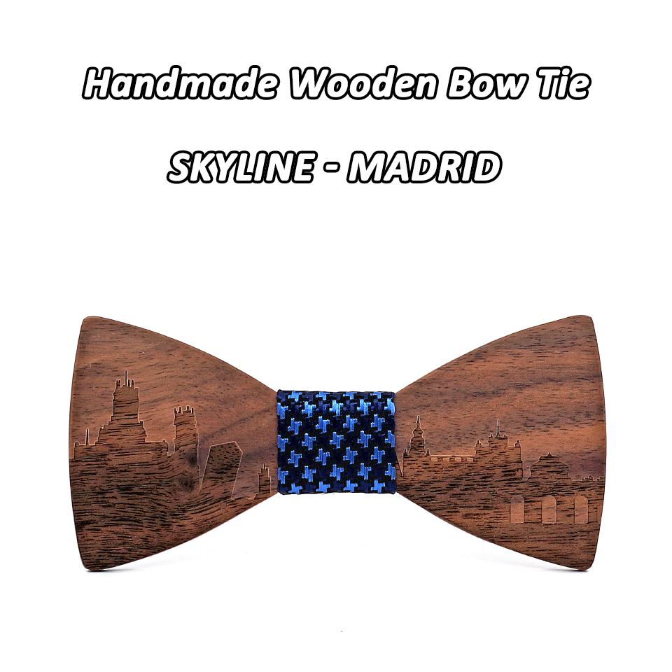 Mahoosive-pajaritas de madera hechas a mano para hombre, conjunto de corbatas de madera, corbata de mariposa, corbatas Skyline para hombre, gemelos, pañuelo, novedad: MADRID