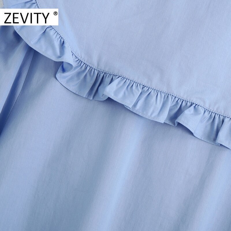 Zevity kvinnor söta veck volanger skruva ner krage smock blus skjortor kvinnor kontor breasted roupas chic chemise toppar  ls7181