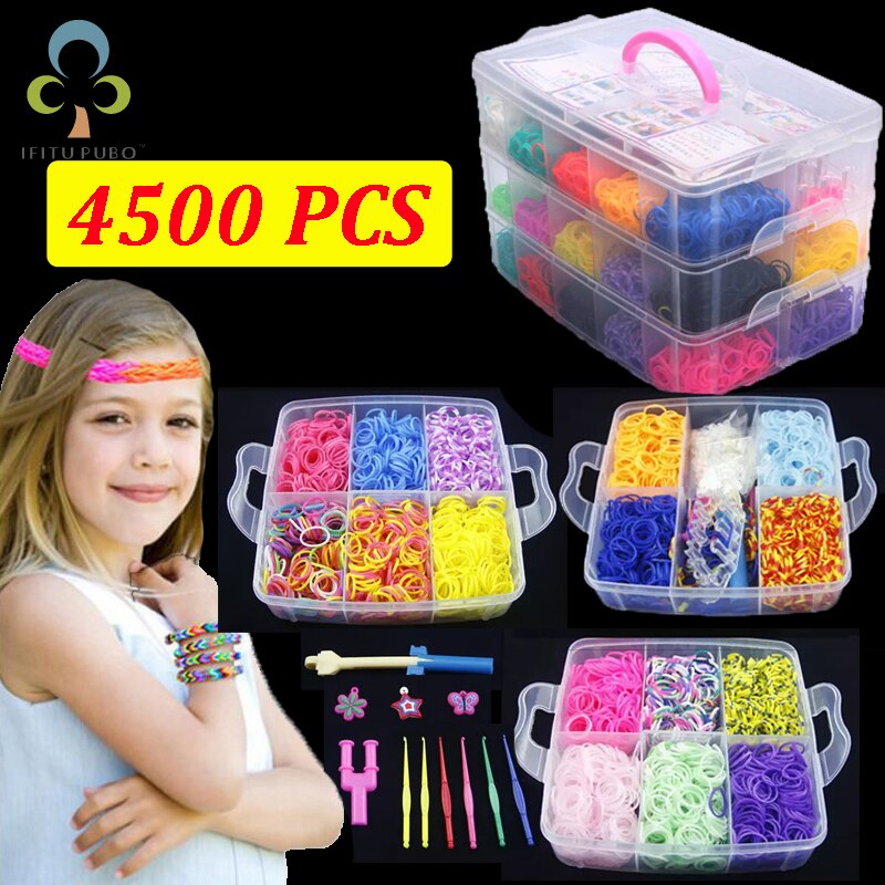 4500 unids 15 Colors DIY rainbow color rubber band bracelet box Small three-layer weaving machines Knitting Toys ZXH