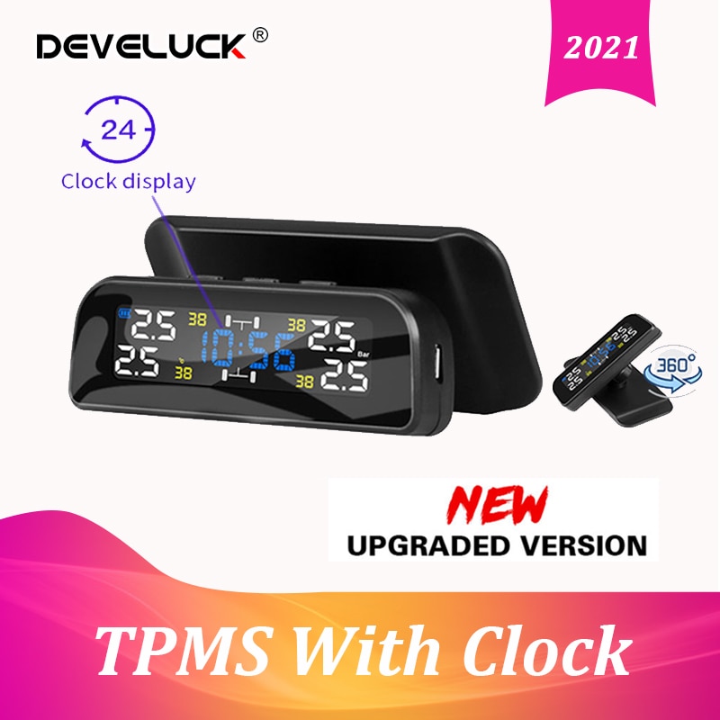 Wireless TPMS Time Display Car Alarm Tire Pressure Monitoring System Rotation Warning Solar Power Charge Inside/External sensors