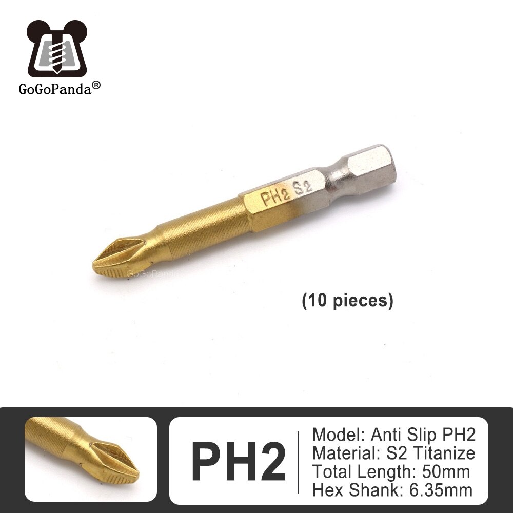 10 stk 50mm s2 titaniser pozidrive bits sekskantet skridsikker skruetrækkerbit magnetisk enkelt hoved  pz1 / pz2 / pz3: 50mm ph2