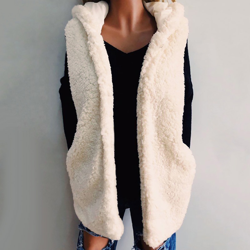 Kvinders beige hvid imiteret pels hættevest efterår vinter afslappet ærmeløse lommer overtøj dame varm fluffy vest