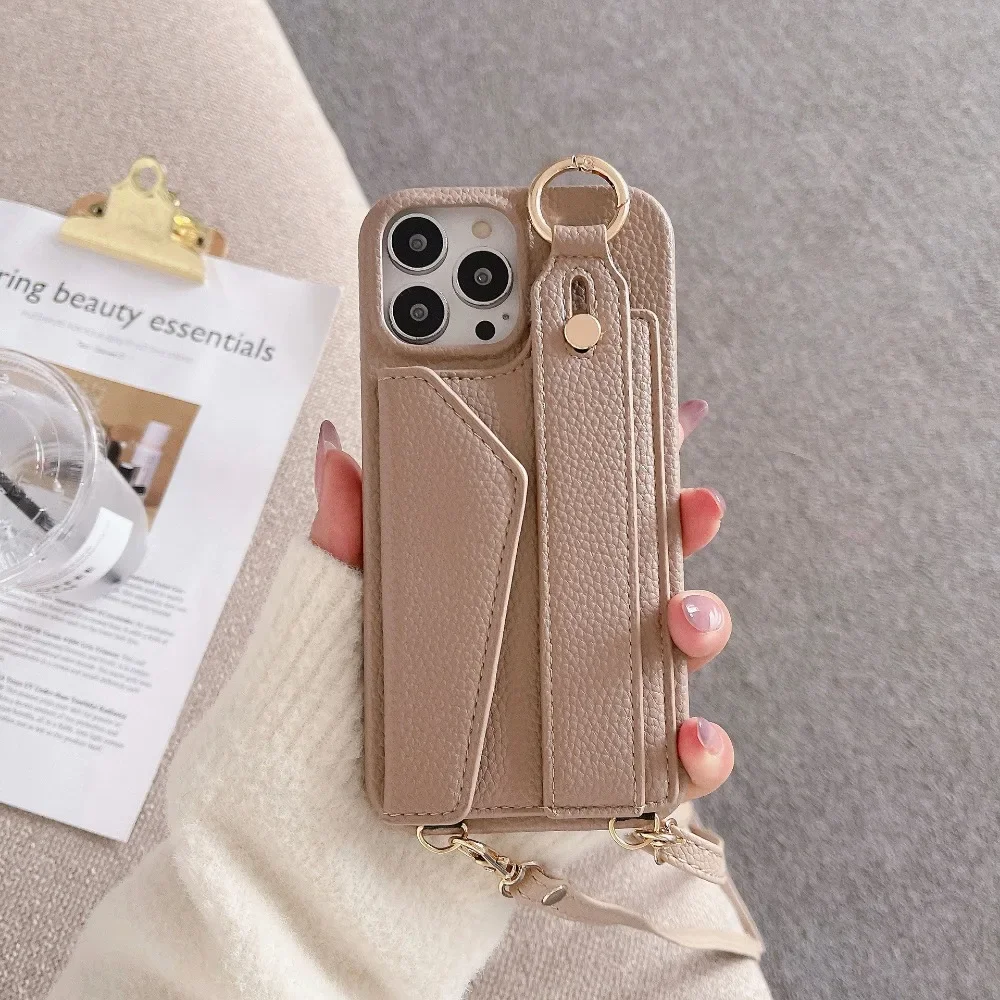 Voor iPhone 16 Polsband Ring Portemonnee met kaartsleufhouder Telefoonhoesje voor iPhone 15 Plus Pro Max Crossbody lederen hoes