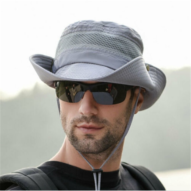 Jahrgang Cowboy Hütte Männer Gittergewebe Eimer Kappen Für Männer Sommer Kappen Breite Krempe UV Schutz Klappe Hütte Männer Ich bin Freien Atmungsaktiv Strand Kappen