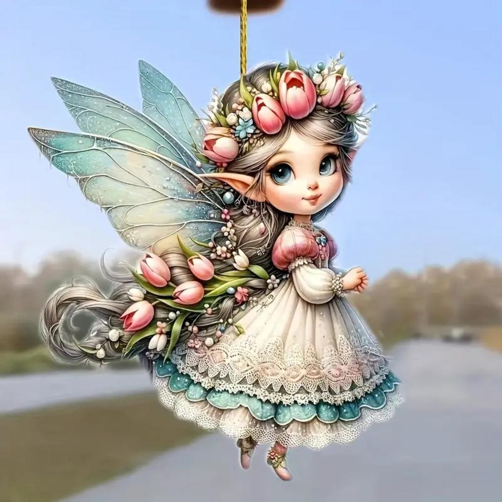 2d akrylgrønne alv-anheng blomsterfe-anheng små friske bilanheng tegneserie søt alv bil bakspeildekorasjonsanheng: Plomme