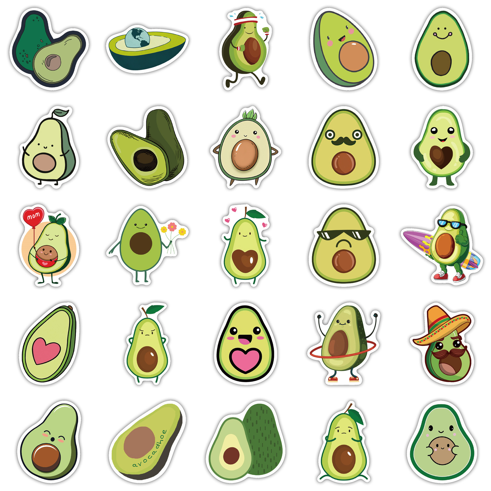 50Pcs Avocado Cute Stickers Cartoon Avacado PVC Decals Sticker for Laptop Luggage Refrigerator Cup Dish Kitchen Fruit Stickers