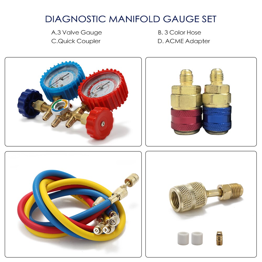 Calibro collettore diagnostico AC Set manometro refrigerante a 3 vie per refrigeranti R134A R12 R22 R502 con accoppiatore e adattatore