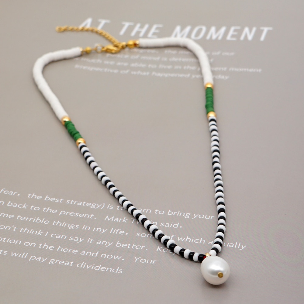 Go2 boho zoetwaterparel kettingen voor dames, colliers, sieraden, heishi kralen, choker, zwart-witte kettingen, collier femme boho