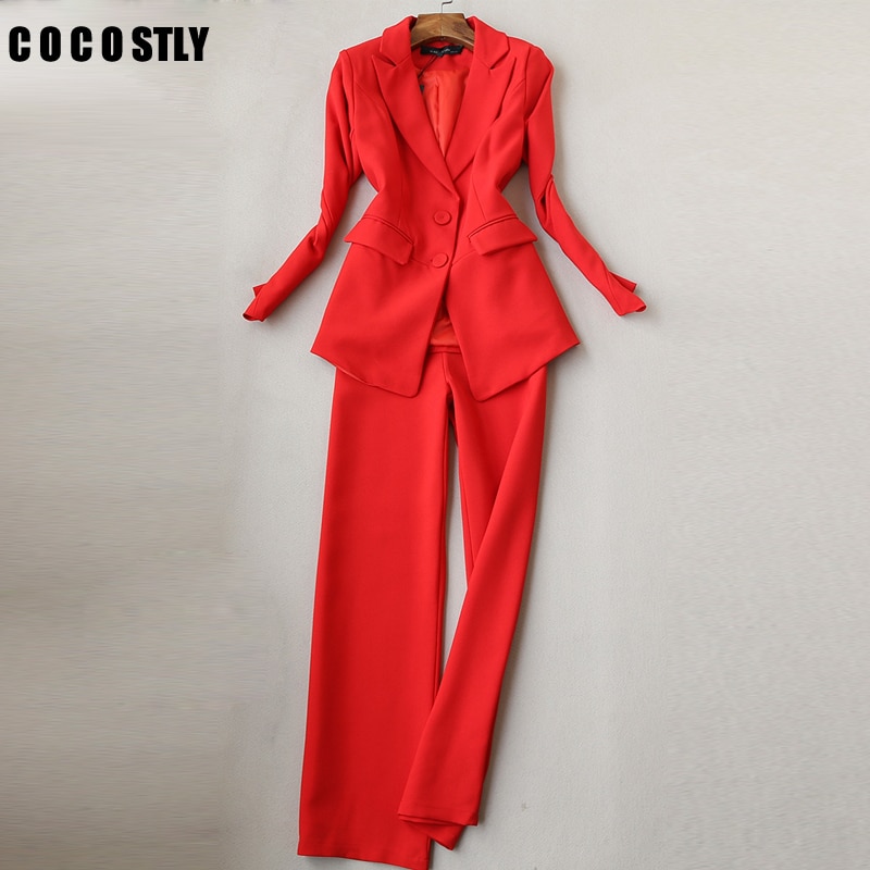 Autumn Business Uniform Women Red Pant Suits Two Piece Set Slim Double Buckle Jacket Office Work Pants Set Mujer
