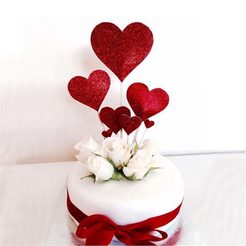 Cakelove 7pcs/Set Red Gold Heart Shape Cake Topper with Toothpick Cake Decorations for Wedding Birthday Party Cute Lovely