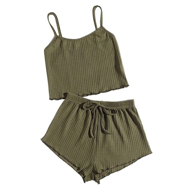 Sommer pyjamas sæt til kvinder bløde komfortable kortærmede t-shirts &amp; shorts løst hjemmetøj rem undertøj: Militærgrøn / M
