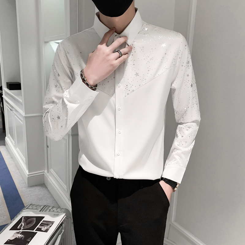 Star Printed Polka Dot Shirts Tops Men Long Sleeve Casual Male Silk Shirt Party Bar Slim Fit Floral Mens Clothing: White / 2XL 67-72kg